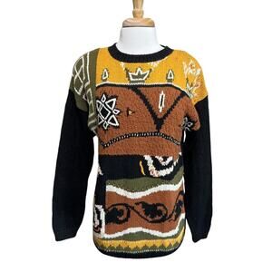 Vintage 80s 90s Melbourne Elements Artsy Abstract Hand Knit Baggy Sweater size M